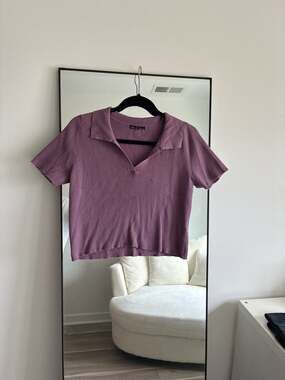 Nikka K Ribbed Polo Crop Top with Heart Pattern in Purple